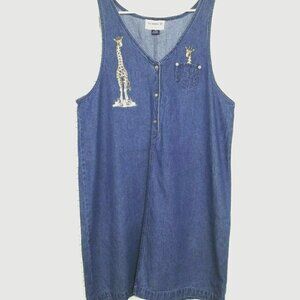 Gemini II XL sleeveless V-neck medium blue denim dress giraffe pockets casual